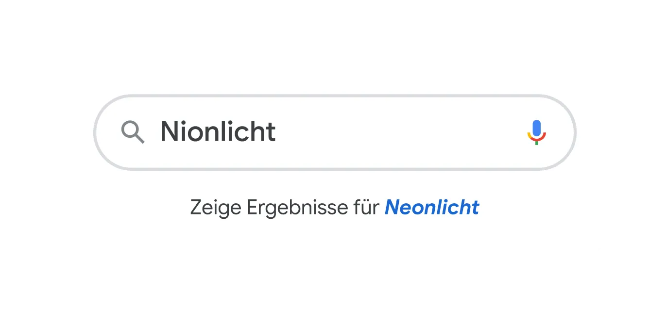 Suchleiste-Illustration mit der Suchanfrage &bdquo;Nionlicht&ldquo; und Google Rechtschreibprüfung korrigiert den Fehler