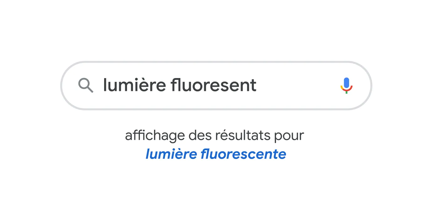 Illustration de la barre de recherche avec la requête «&nbsp;lumière fluorecente&nbsp;» et le correcteur de Google qui corrige l'orthographe