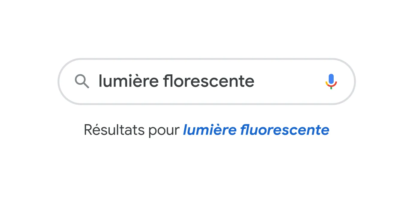 Illustration de la barre de recherche avec la requête «&nbsp;lumière florescente&nbsp;» et le correcteur Google corrigeant l’orthographe