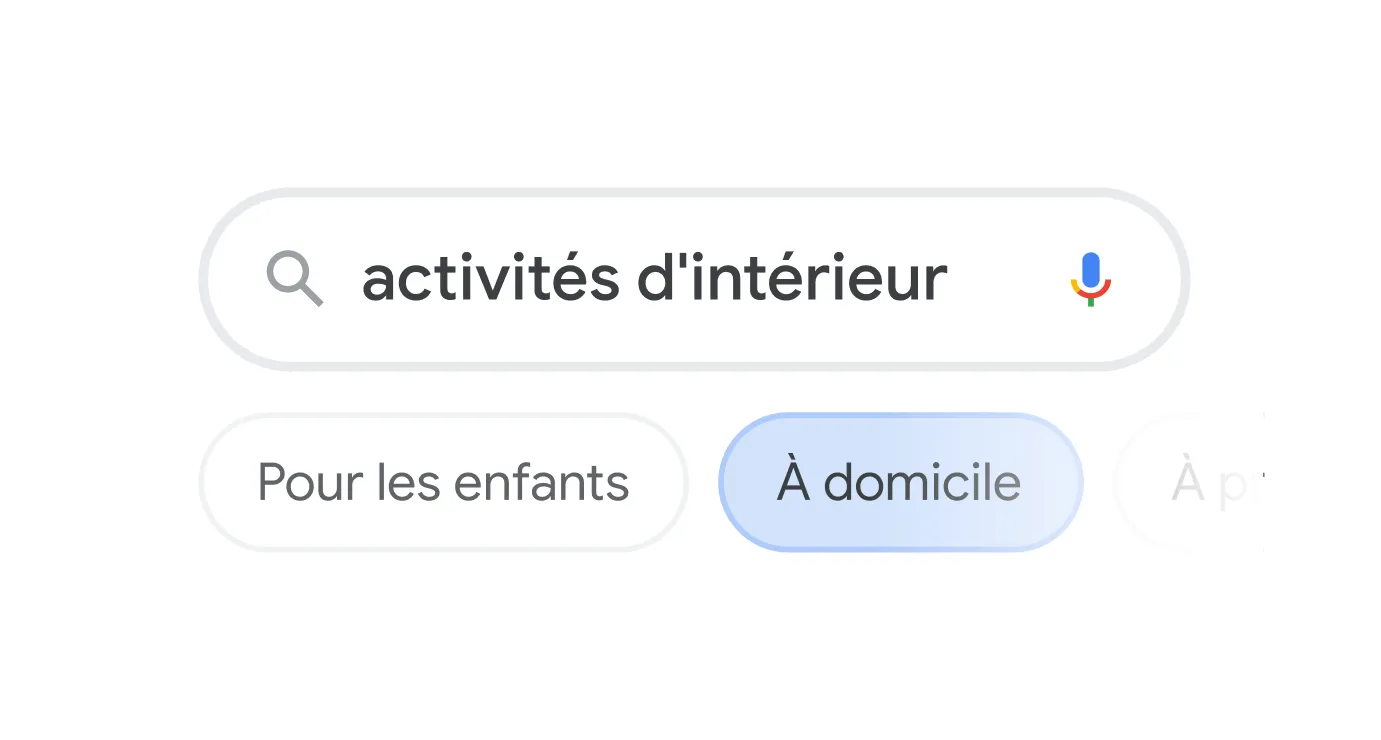 Search bar illlustration with the query "indoor activities" with topic filters below
