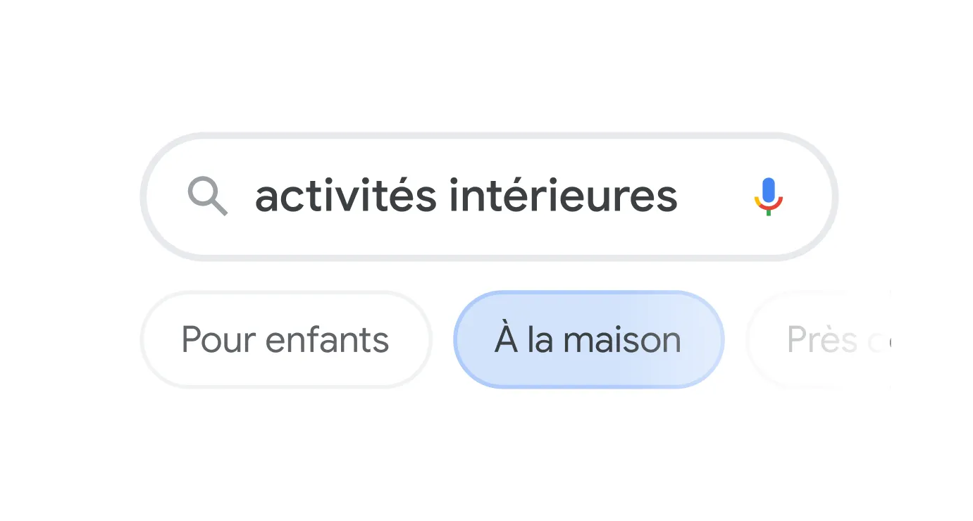 Search bar illlustration with the query "indoor activities" with topic filters below