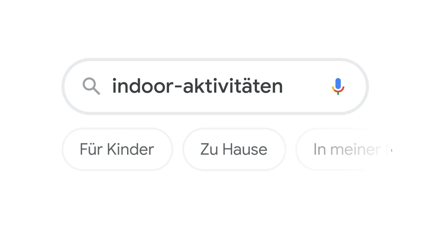 Search bar illlustration with the query "indoor activities" with topic filters below