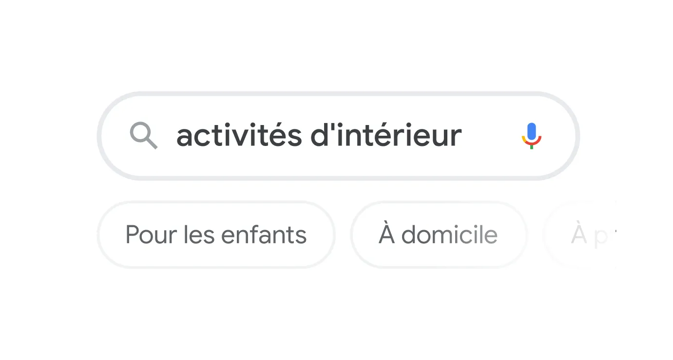 Search bar illlustration with the query "indoor activities" with topic filters below