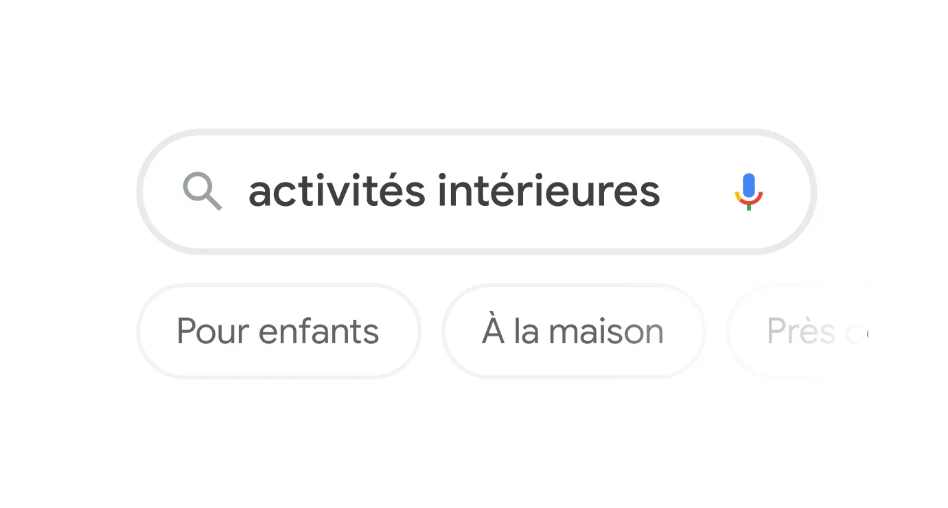 Search bar illlustration with the query "indoor activities" with topic filters below
