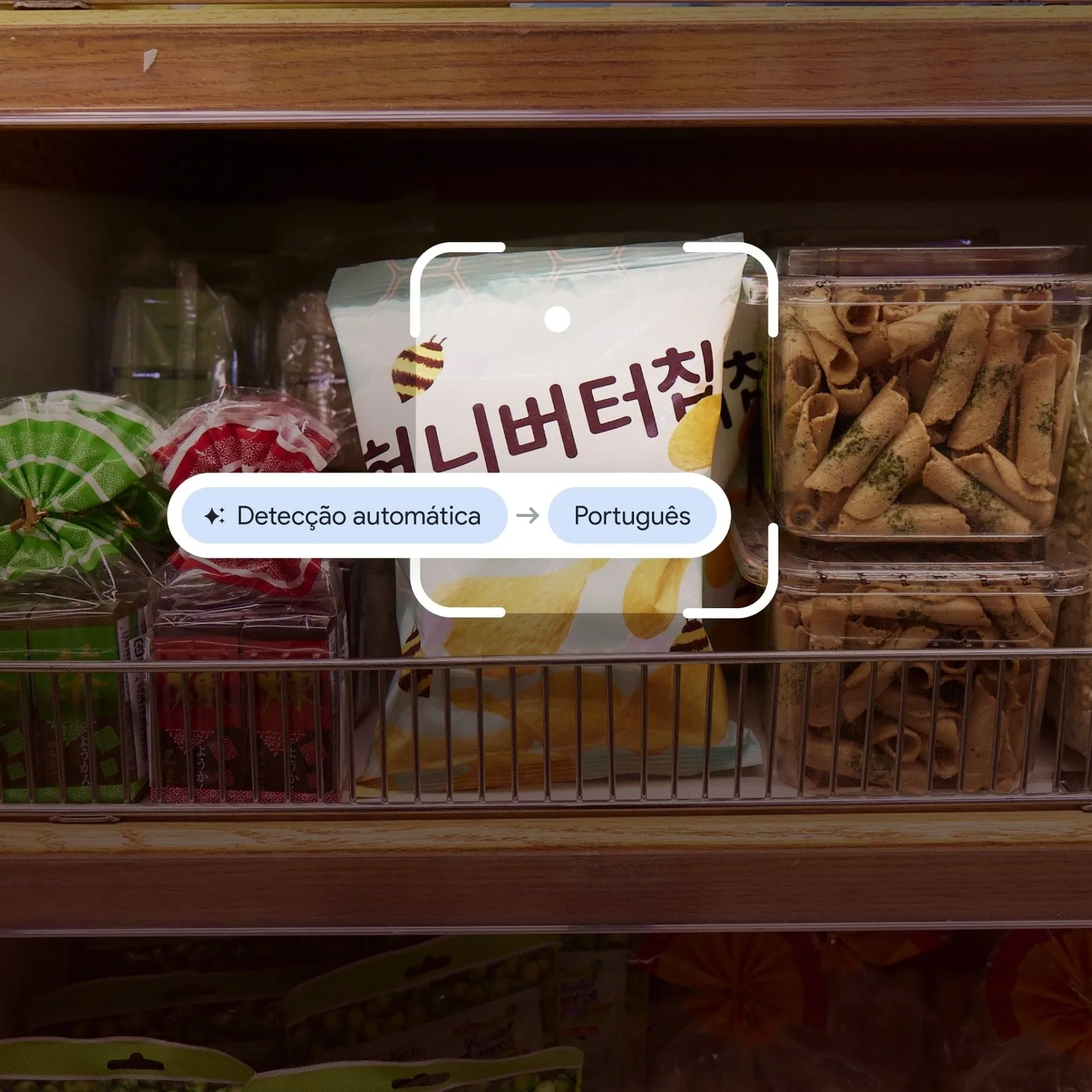 Imagem do Google Translate sendo usado em um pacote de batatas de uma marca coreana.