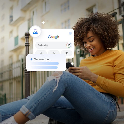 Image d’une femme utilisant son téléphone et explorant Google Search Labs