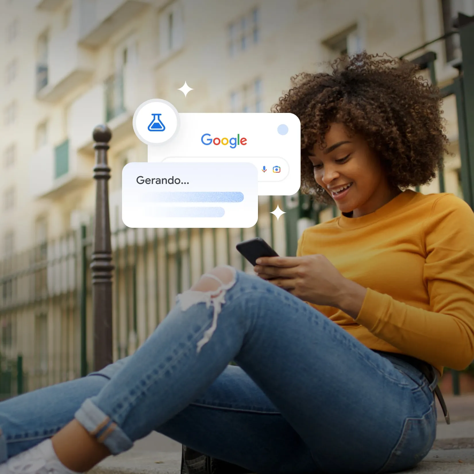 Imagem de uma mulher explorando o Google Search Labs no telefone.