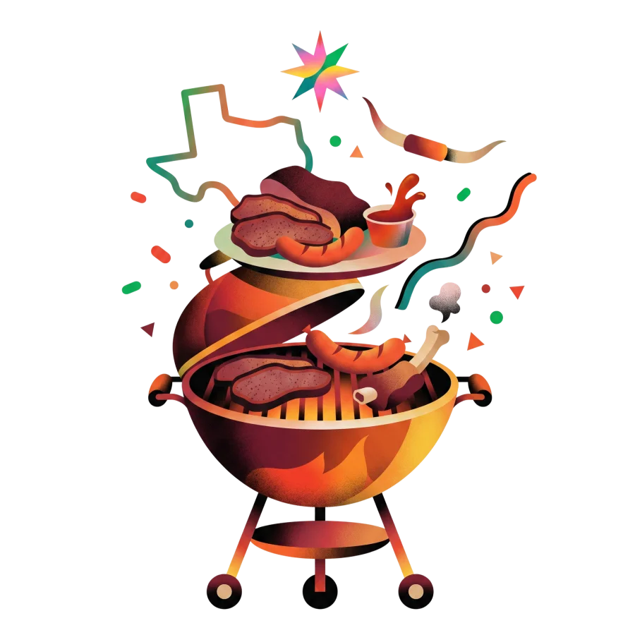 Image of a colorful barbecue grill with food.