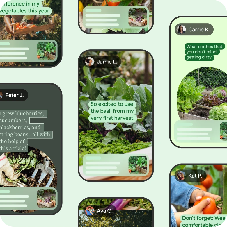 Imagem de vários telefones exibindo o Google Notas com perspectivas de pessoas sobre jardinagem.