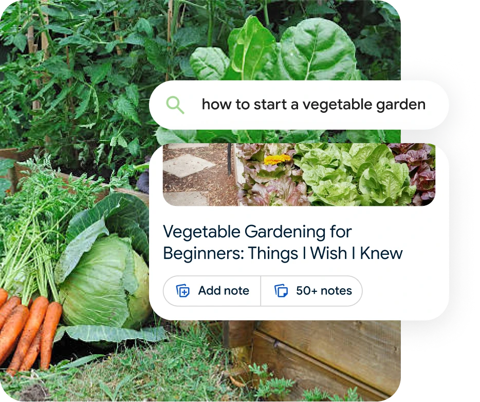 Imagem de uma horta e do Google Notas apresentando a pesquisa &quot;como fazer uma horta&quot;.